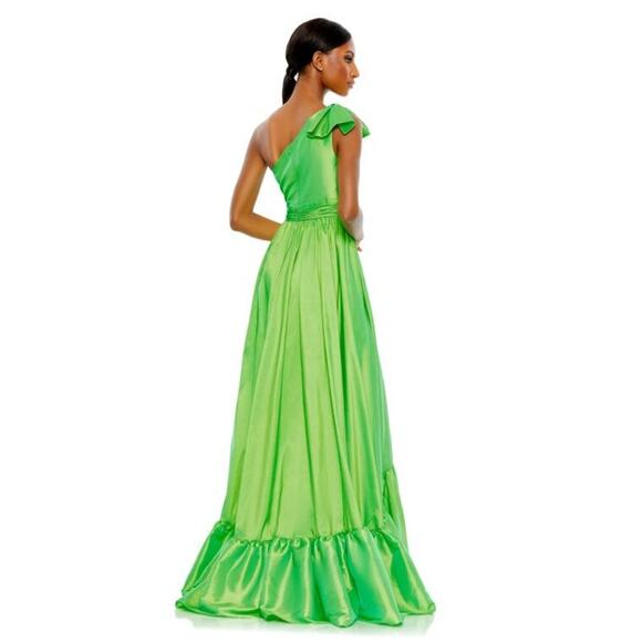 NWT Mac Duggal Spring Green One Shoulder Pleated Bodice Ruffle Hem Gown Size 0 - Picture 4 of 4